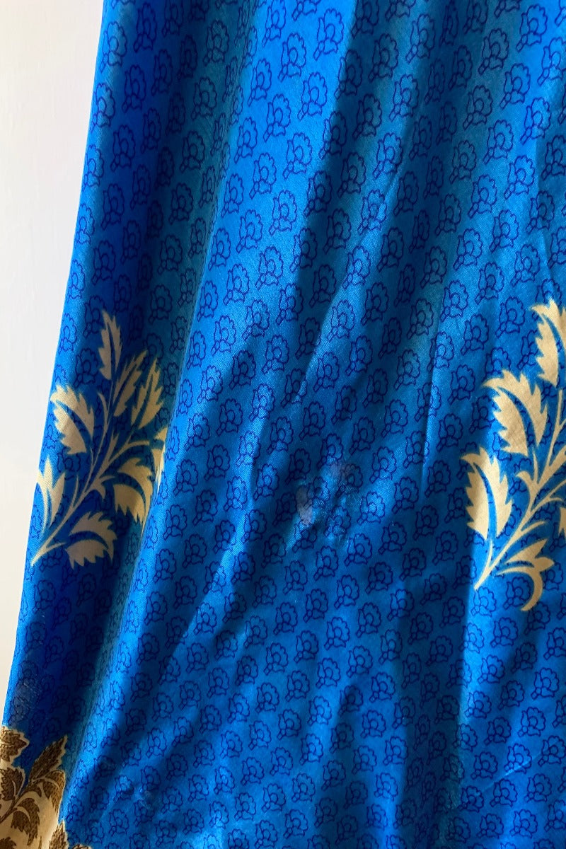 Eden Halter Maxi Dress - Vintage Sari - Majorelle Blue & Beige Leaf Print - Free Size S/M By All About Audrey