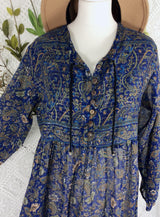 SALE Florence Dress - Sparkly Indian Cotton Smock Dress - Midnight Blue & Sage - Size XS