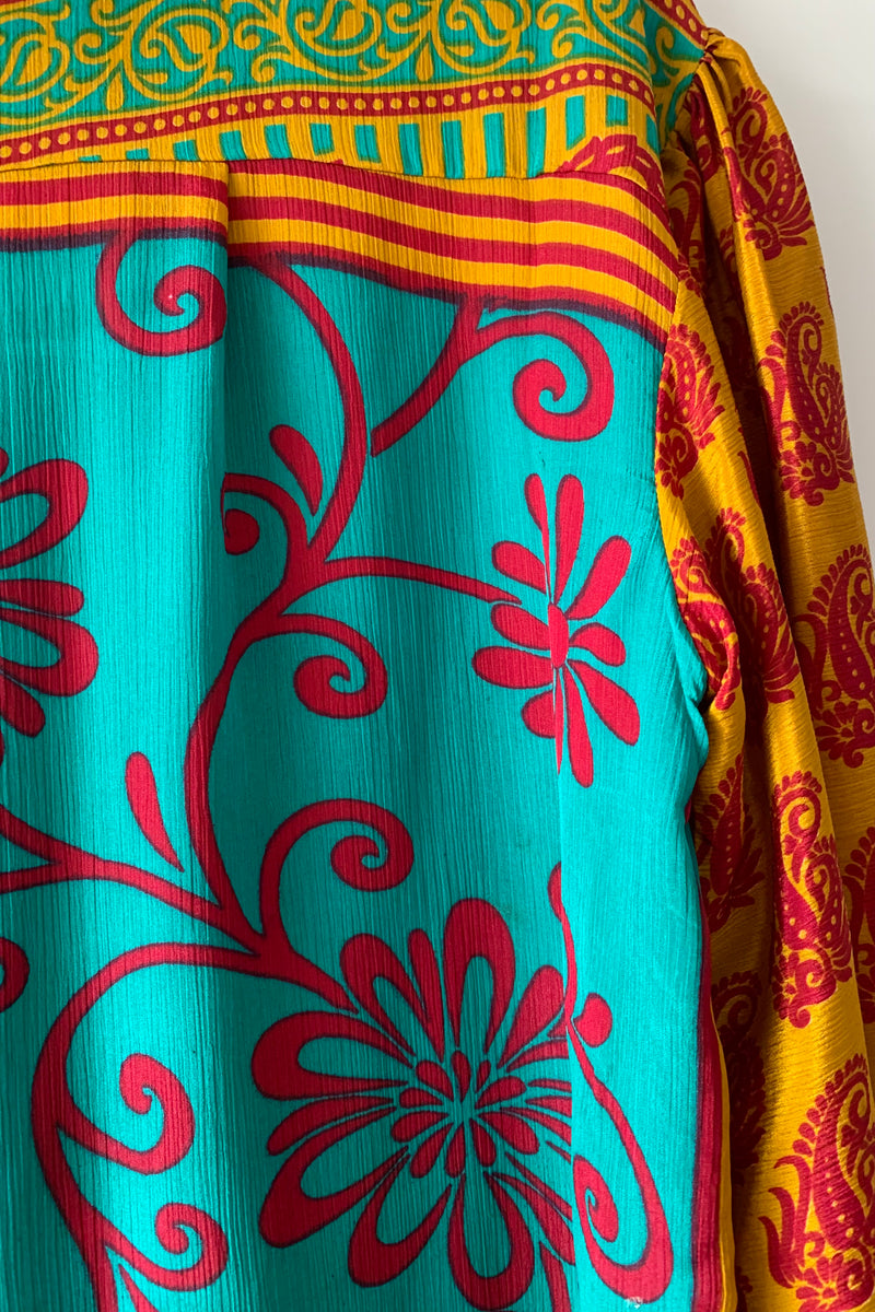 Bonnie Shirt Dress - Mustard & Turquoise Motif - Vintage Indian Sari - Free Size XXL