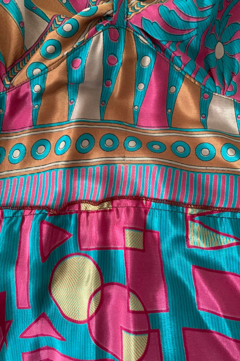 Delilah Maxi Dress - Retro Teal & Rouge Geometric Print - Vintage Sari - Free Size L