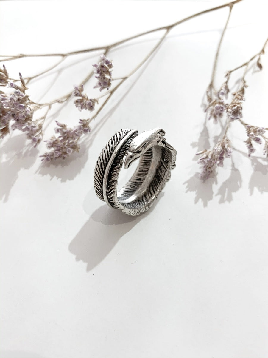silver plated eagle and feather ring with oxidised finish by all about audrey