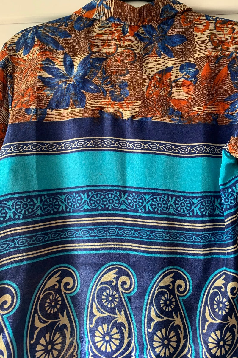 Clyde Shirt - Indigo & Rust Leaves - Vintage Indian Sari - Free Size M/L By All About Audrey