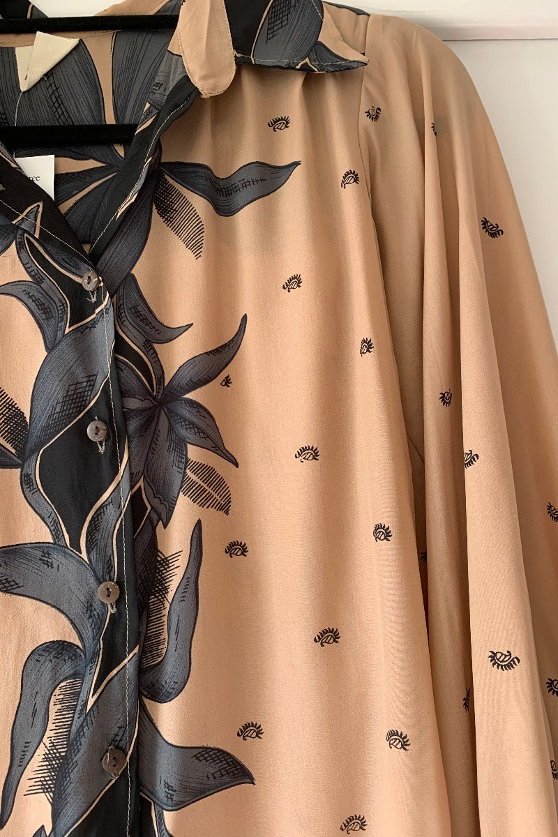 Bonnie Shirt Dress - Dusty Pink Leaves - Vintage Indian Sari - Free Size S/M By All About Audrey