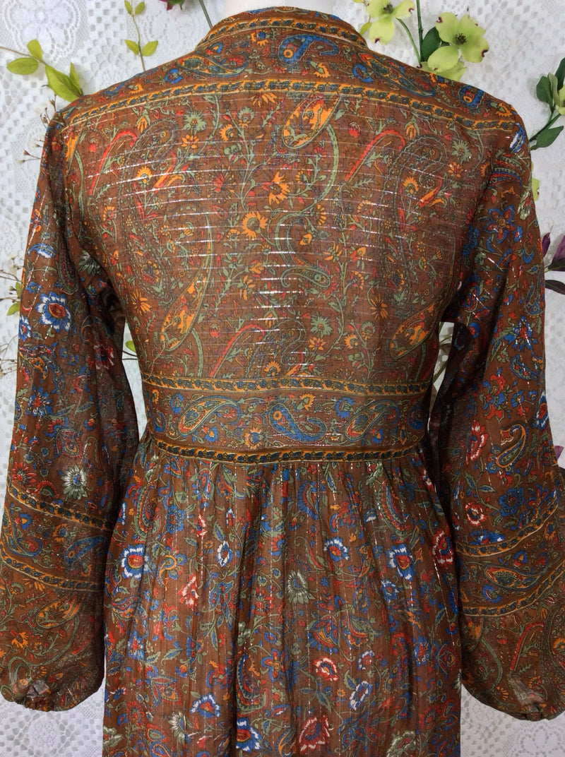 SALE Florence Dress - Sparkly Indian Cotton Smock Dress - Chestnut & Cobalt Floral Paisley - Size XS