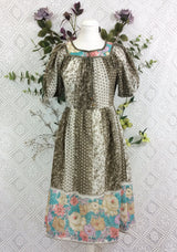 SALE Vintage 70s Boho Dress - Juniper & White Floral Colour Block - XS/S