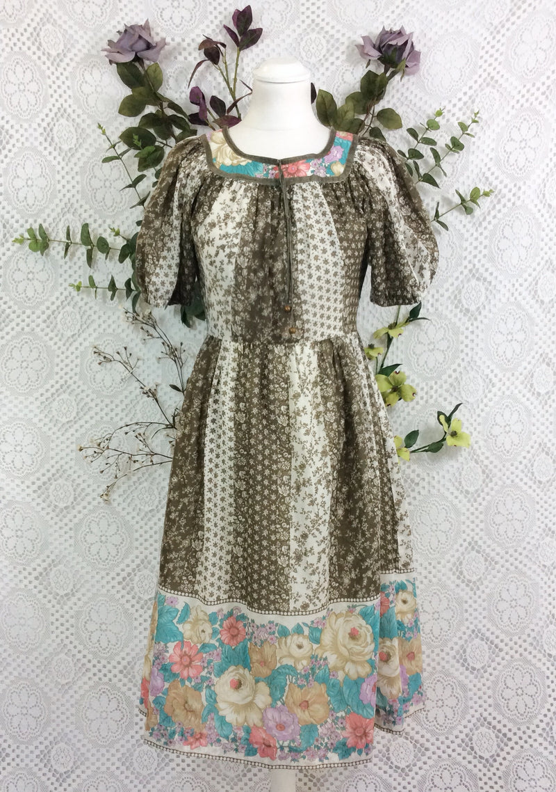 SALE Vintage 70s Boho Dress - Juniper & White Floral Colour Block - XS/S