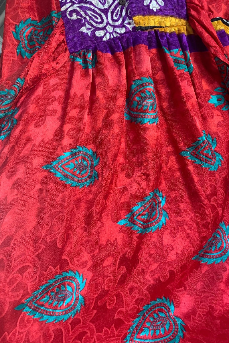 Lunar Maxi Dress - Vintage Sari - Deep Coral & Jade Motif - Size XS By All About Audrey