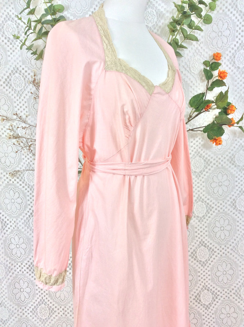 SALE Vintage Night Dress - Pastel Pale Pink Cotton & Lace - S/M