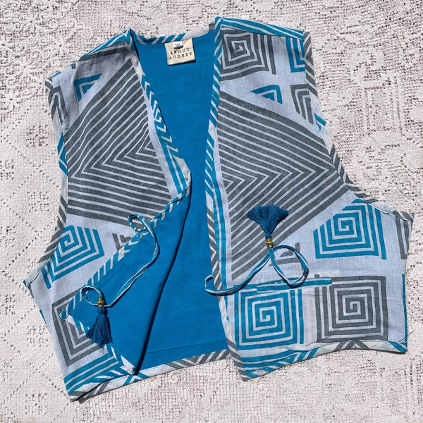 Dixie Waistcoat - Vintage Indian Cotton - Sky Blue, Slate & White Geometric - Size M/L