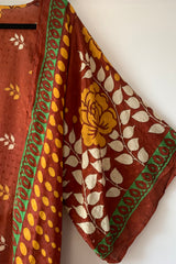 Aquaria Robe Dress - Vintage Sari - Brick Red Bloom - Free Size M/L