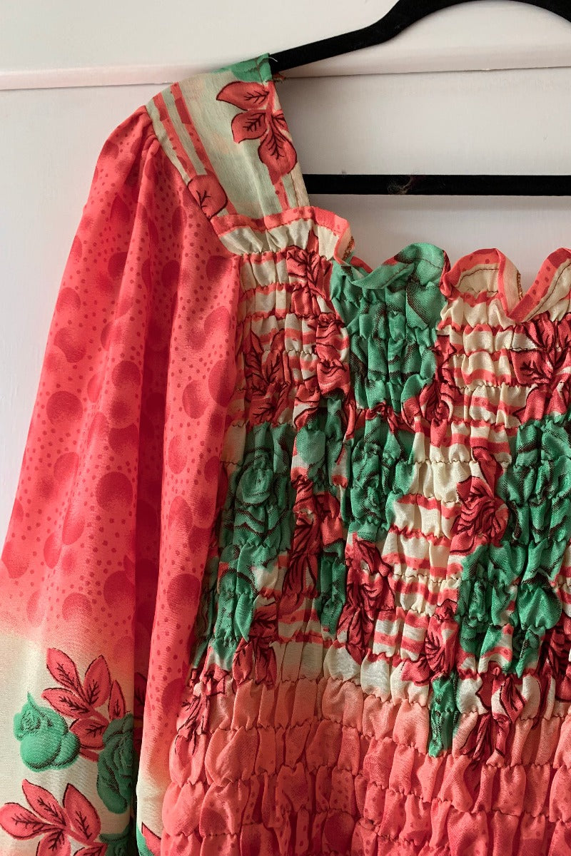 Pearl Top - Watermelon Pink & Jewel Jade Rose Floral - Vintage Indian Sari - S/M By All About Audrey