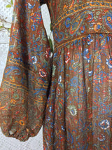 SALE Florence Dress - Sparkly Indian Cotton Smock Dress - Chestnut & Cobalt Floral Paisley - Size XS