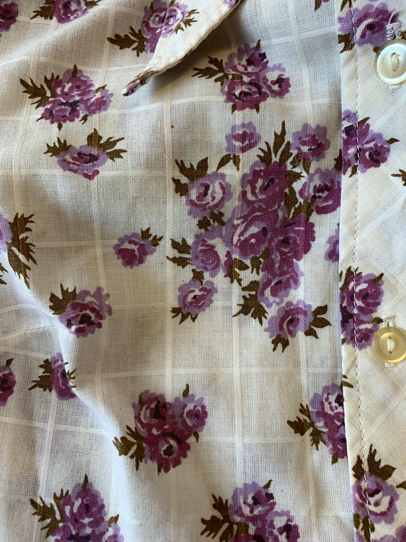 70's Vintage - Snow & Lilac Rose print Shirt - Size S/M