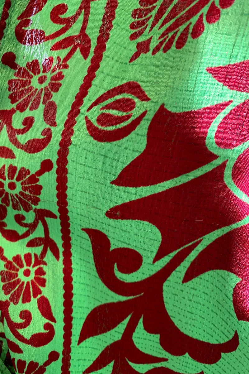 Lunar Maxi Dress - Vintage Indian Sari - Vibrant Lime & Auburn Motif - Free Size S/M by all about audrey
