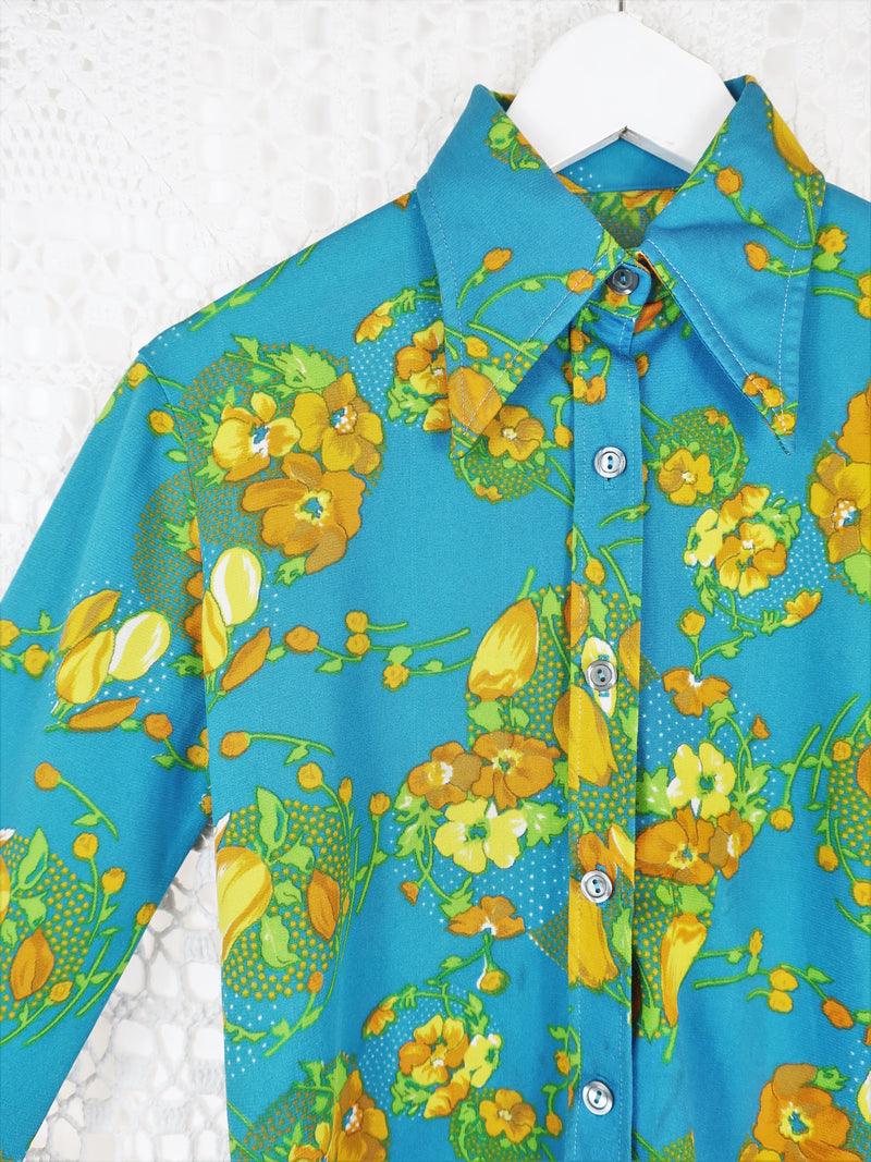 70's Vintage - Sky & Canary Bold Floral Shirt - Size S/M