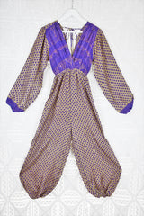 Suki Jumpsuit - Vintage Indian Sari - Iris & Oatmeal Floral - XS