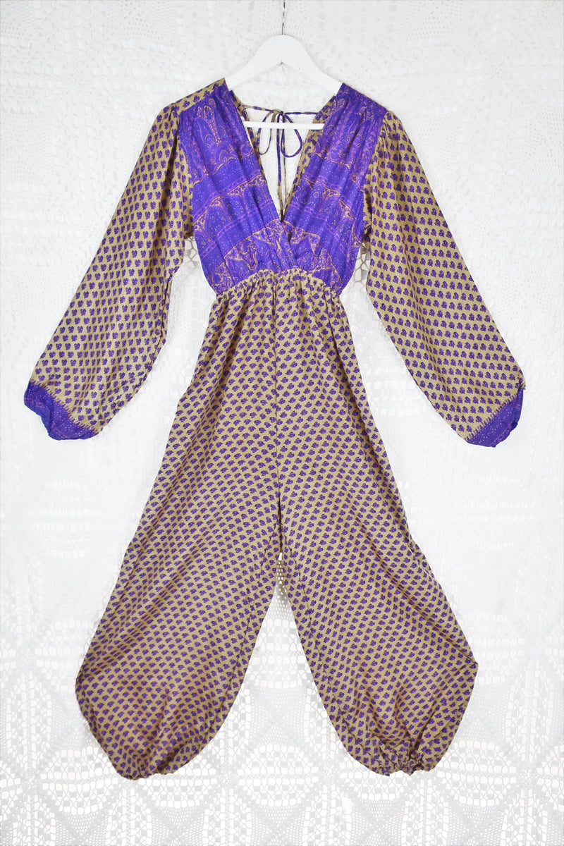 Suki Jumpsuit - Vintage Indian Sari - Iris & Oatmeal Floral - XS