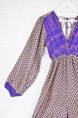 Suki Jumpsuit - Vintage Indian Sari - Iris & Oatmeal Floral - XS