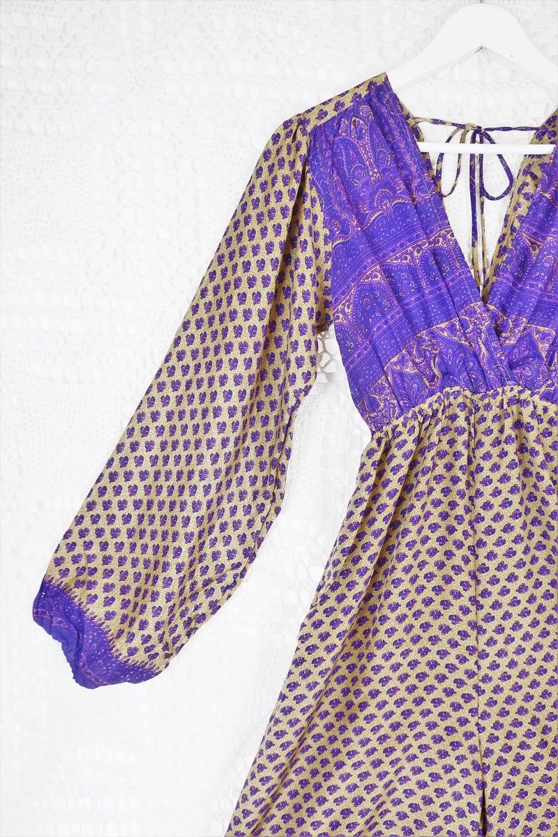 Suki Jumpsuit - Vintage Indian Sari - Iris & Oatmeal Floral - XS