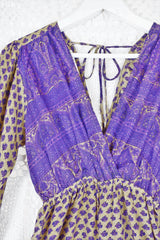 Suki Jumpsuit - Vintage Indian Sari - Iris & Oatmeal Floral - XS