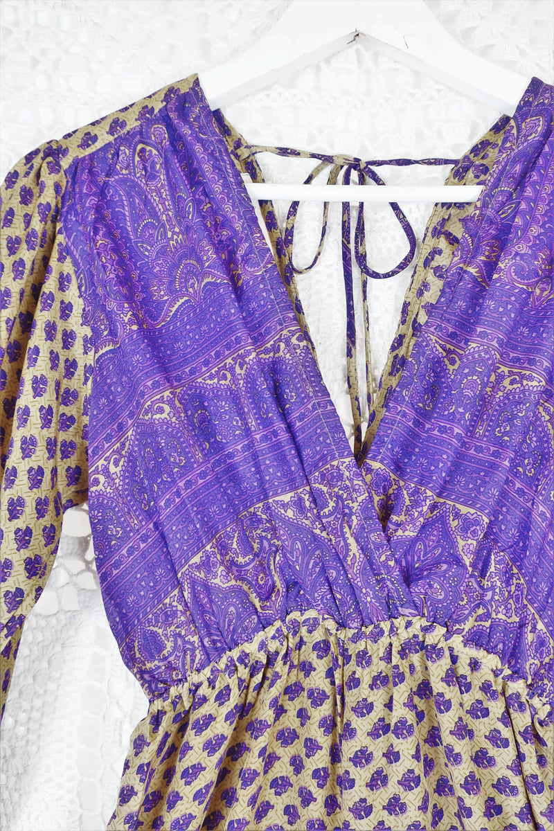 Suki Jumpsuit - Vintage Indian Sari - Iris & Oatmeal Floral - XS