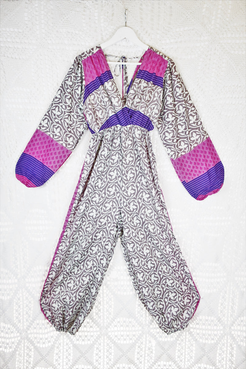 Suki Jumpsuit - Vintage Indian Sari - Powder Plum, White & Pink Floral - XS