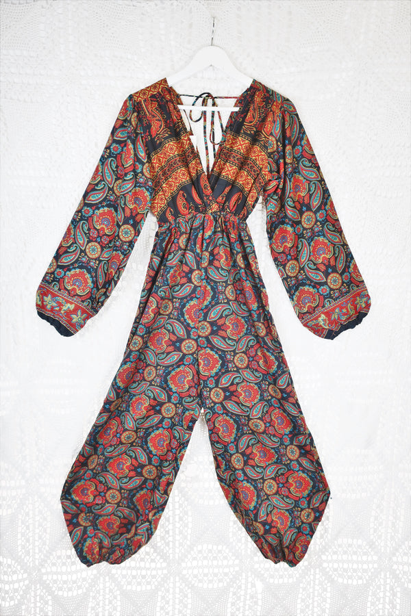Suki Jumpsuit - Vintage Indian Sari - Crow & Crimson Paisley - XS