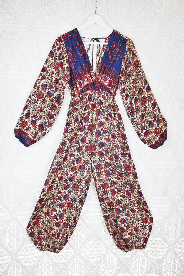 Suki Jumpsuit - Vintage Indian Sari - Navy, Ruby & Olive Exotic Floral - XS