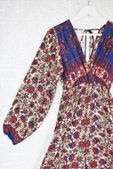 Suki Jumpsuit - Vintage Indian Sari - Navy, Ruby & Olive Exotic Floral - XS