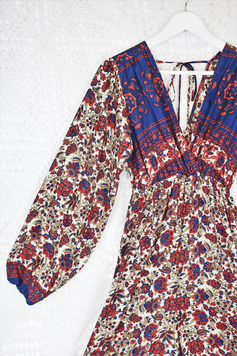 Suki Jumpsuit - Vintage Indian Sari - Navy, Ruby & Olive Exotic Floral - XS