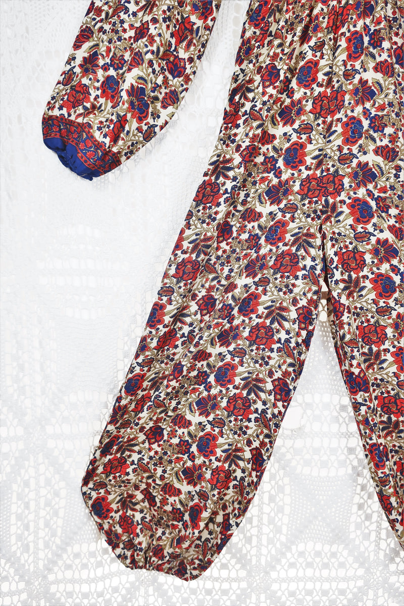 Suki Jumpsuit - Vintage Indian Sari - Navy, Ruby & Olive Exotic Floral - XS