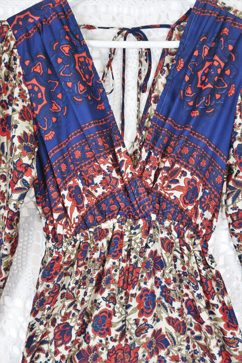 Suki Jumpsuit - Vintage Indian Sari - Navy, Ruby & Olive Exotic Floral - XS