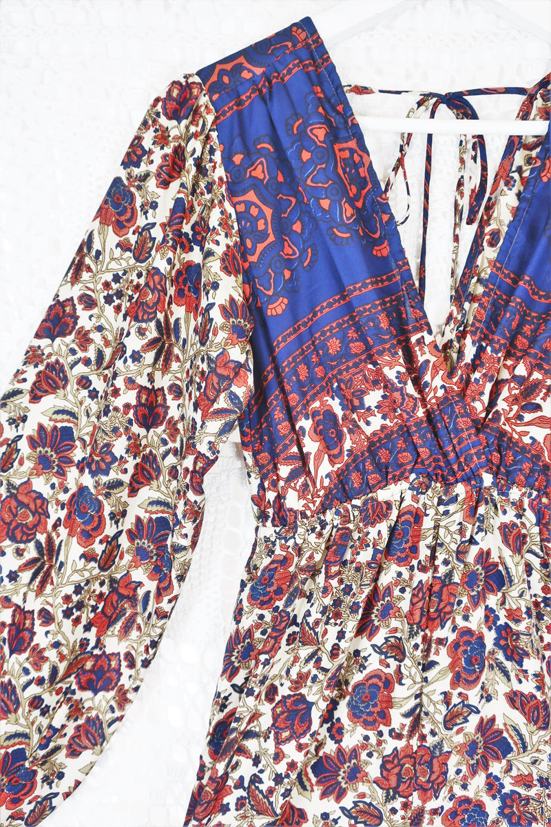 Suki Jumpsuit - Vintage Indian Sari - Navy, Ruby & Olive Exotic Floral - XS