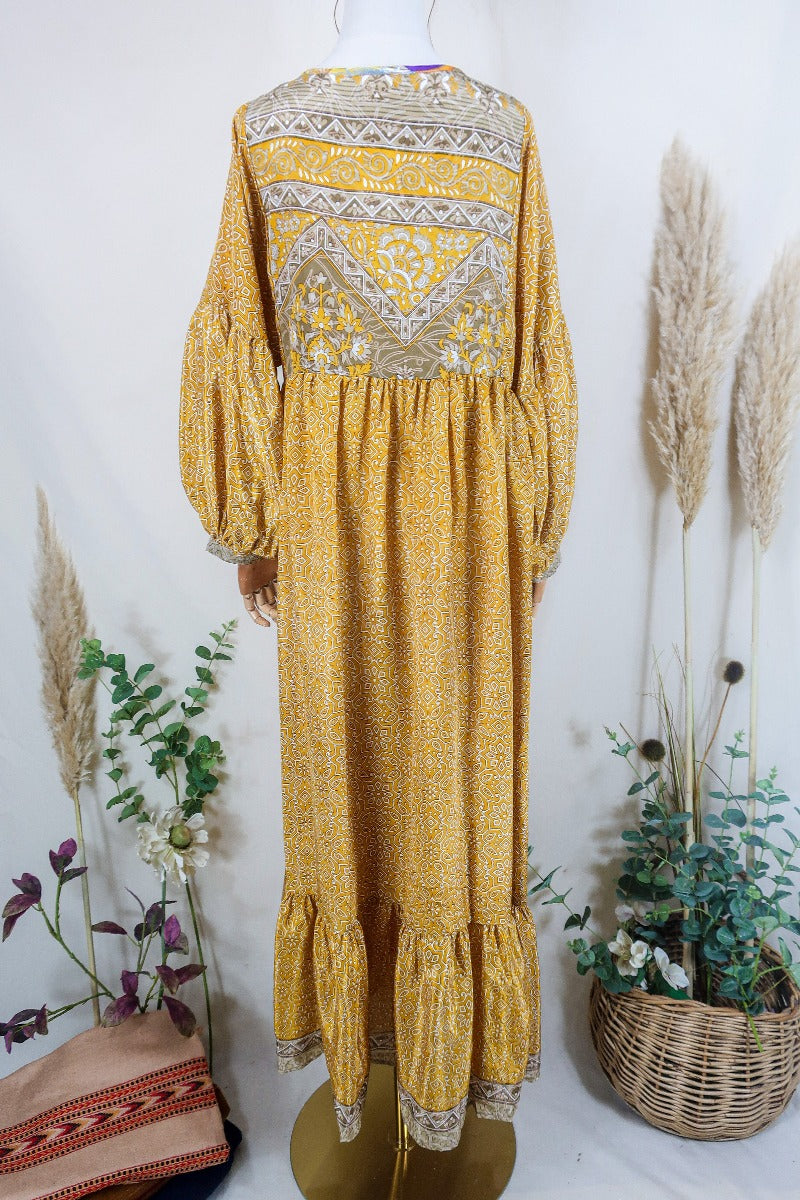 Poppy Smock Dress - Vintage Sari - Mustard Mandalas - Size M/L By All About Audrey