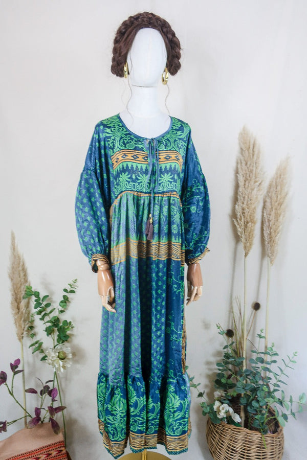 Poppy Smock Dress - Vintage Sari - Charcoal Blue & Emerald Green Floral - XS by All About Audrey