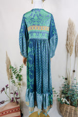 Poppy Smock Dress - Vintage Sari - Charcoal Blue & Emerald Green Floral - XS by All About Audrey