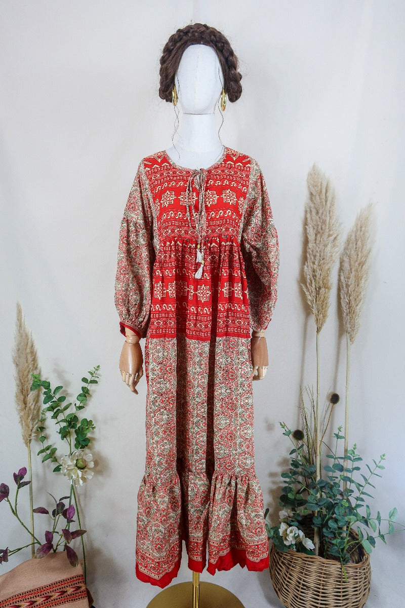Poppy Smock Dress - Vintage Sari - Strawberry & Sage Green Paisley Floral - XS by All About Audrey