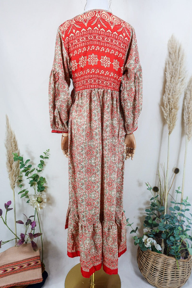 Poppy Smock Dress - Vintage Sari - Strawberry & Sage Green Paisley Floral - XS by All About Audrey