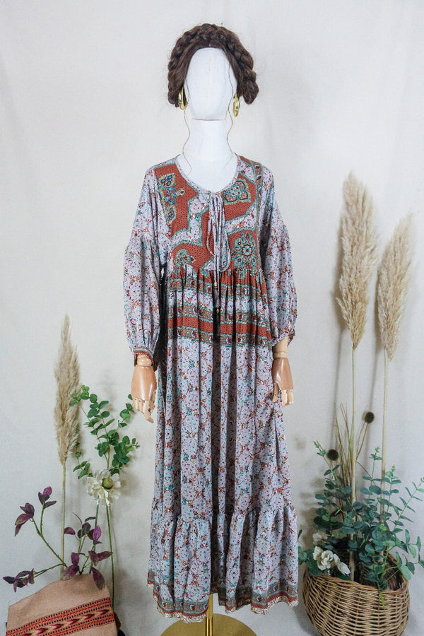 Poppy Smock Dress - Vintage Sari - Arctic Grey & Terracotta Floral Tile - XS by All About Audrey