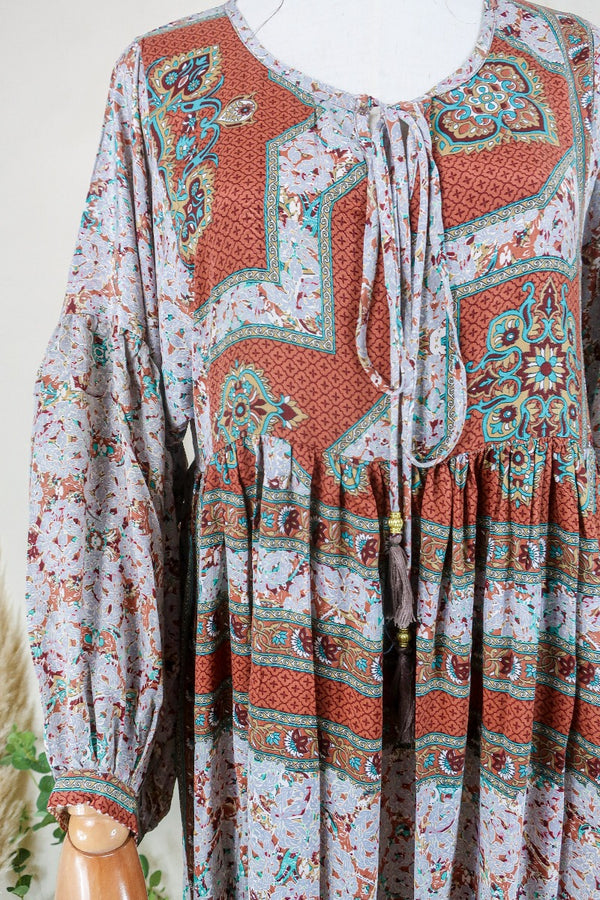 Poppy Smock Dress - Vintage Sari - Arctic Grey & Terracotta Floral Tile - XS by All About Audrey