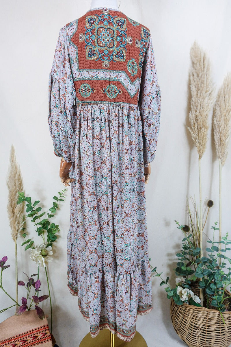 Poppy Smock Dress - Vintage Sari - Arctic Grey & Terracotta Floral Tile - XS by All About Audrey
