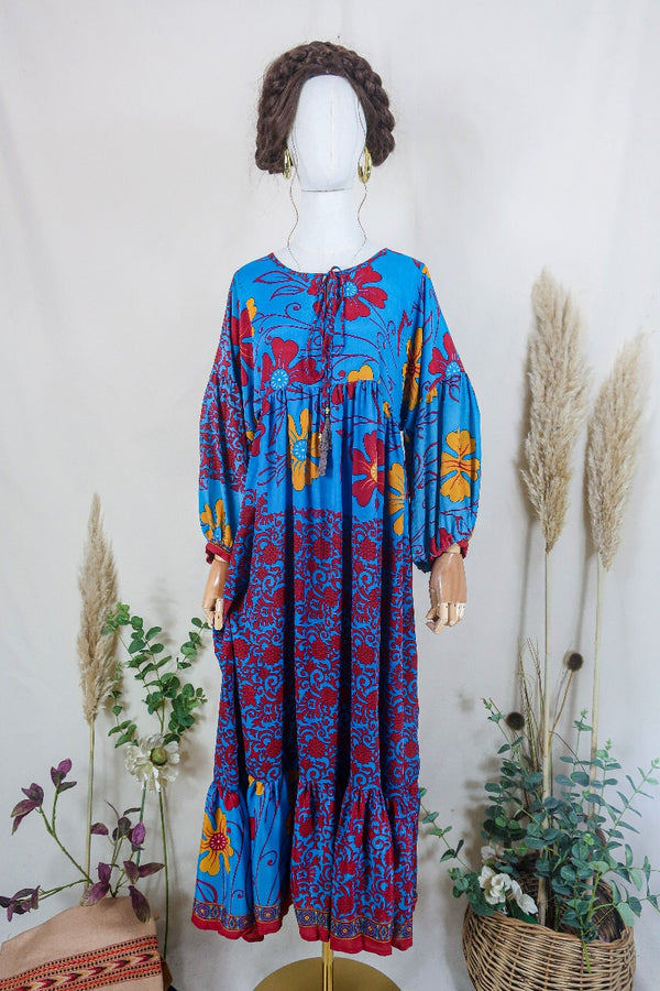 Poppy Smock Dress - Vintage Sari - Cyan Blue & Fiery Red Floral - XS by All About Audrey