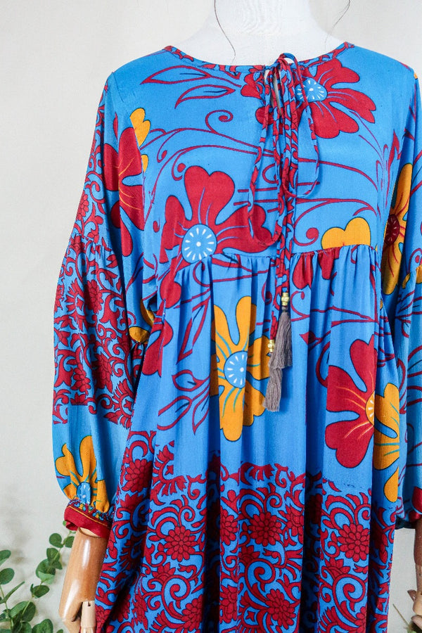 Poppy Smock Dress - Vintage Sari - Cyan Blue & Fiery Red Floral - XS by All About Audrey