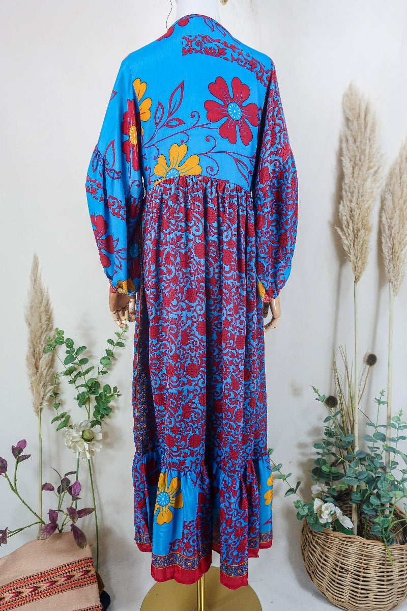 Poppy Smock Dress - Vintage Sari - Cyan Blue & Fiery Red Floral - XS by All About Audrey