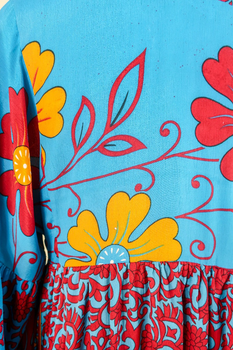 Poppy Smock Dress - Vintage Sari - Cyan Blue & Fiery Red Floral - XS by All About Audrey