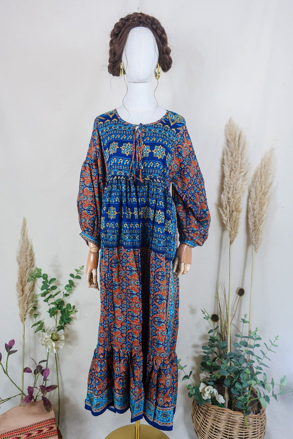 Poppy Smock Dress - Vintage Sari - Burnt Orange & Galaxy Blue - S/M By All About Audrey