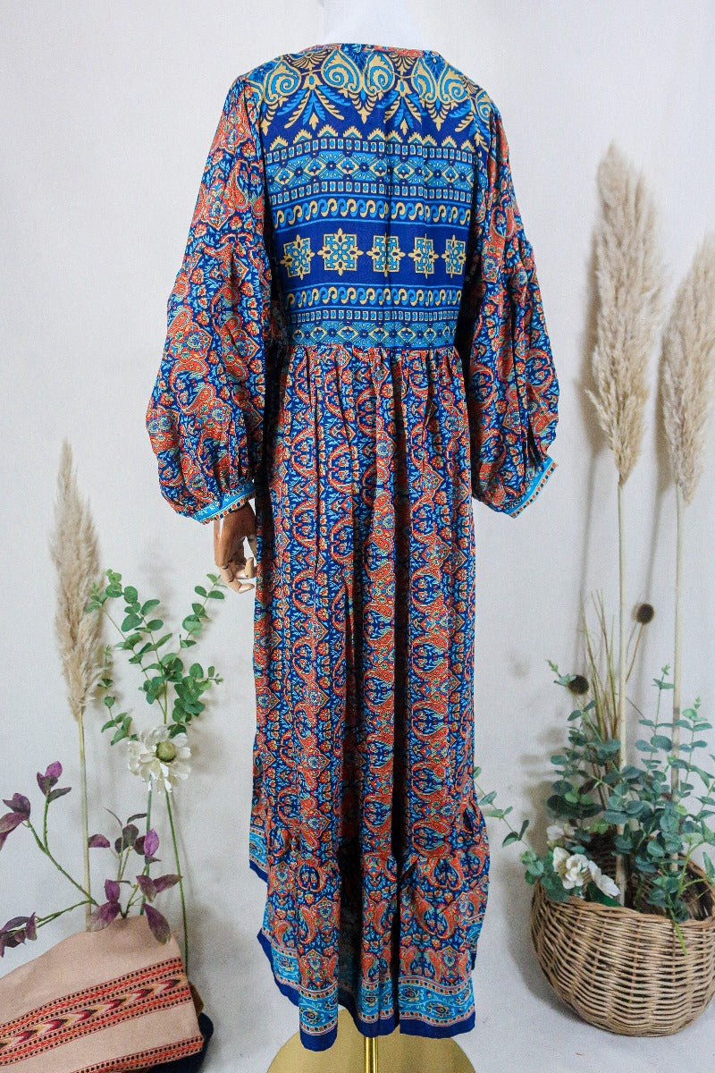 Poppy Smock Dress - Vintage Sari - Burnt Orange & Galaxy Blue - S/M By All About Audrey
