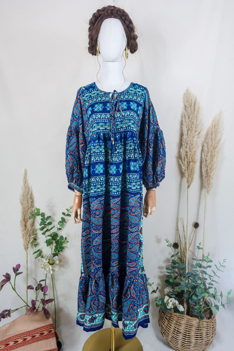 Poppy Smock Dress - Vintage Sari - Midnight Blue & Fiery Mosaic - S/M By All About Audrey