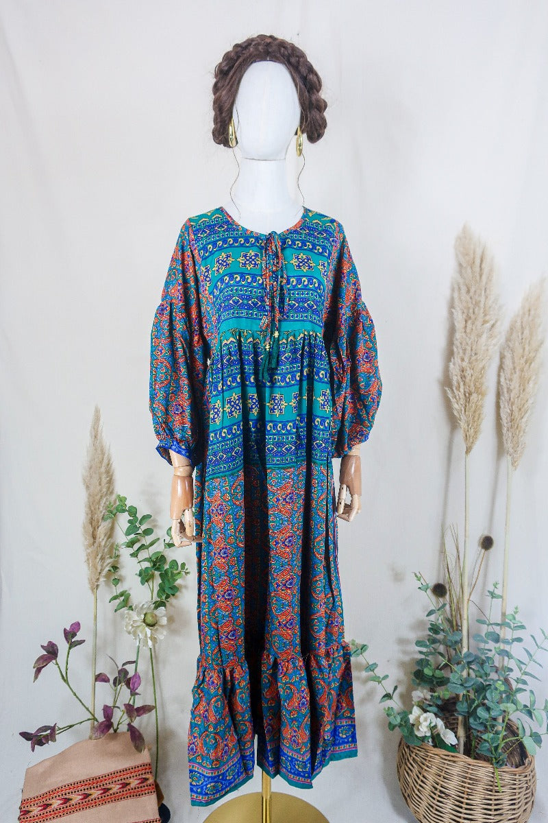 Poppy Smock Dress - Vintage Sari - Jade & Rusted Orange Mosaic - XS By All About Audrey