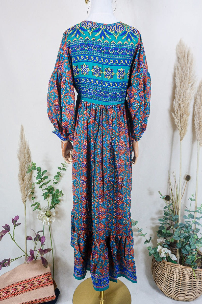 Poppy Smock Dress - Vintage Sari - Jade & Rusted Orange Mosaic - XS By All About Audrey